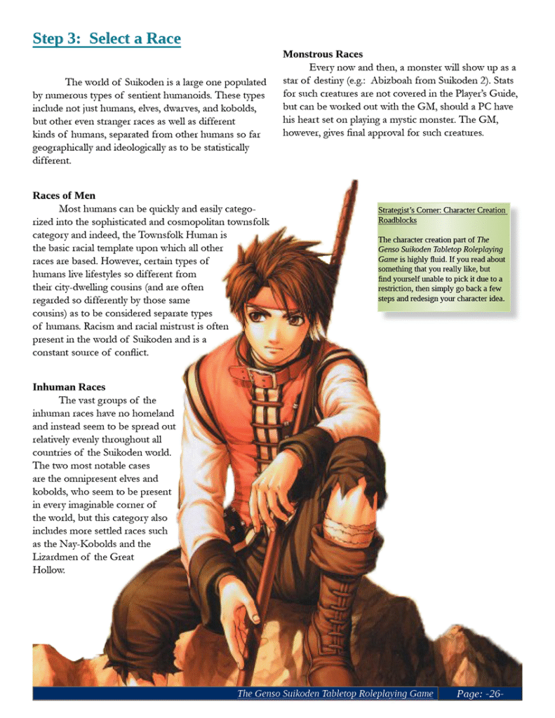Page from the Suikoden Tabletop RPG: Start of character creation