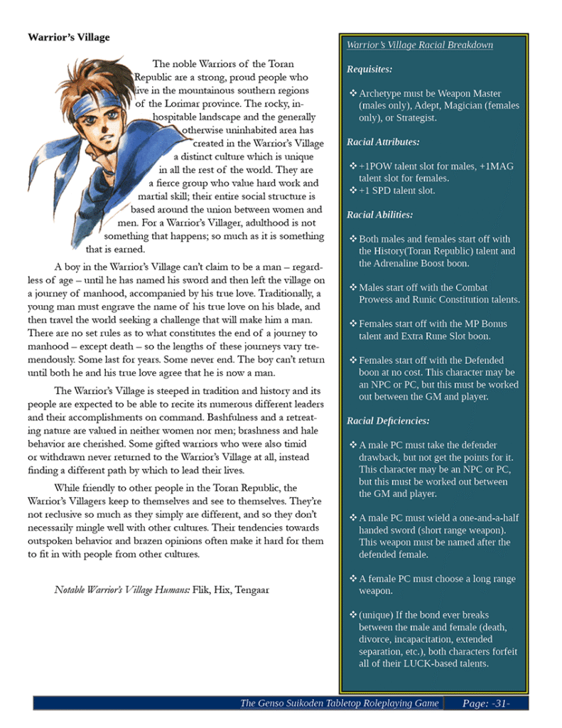 Page from the Suikoden Tabletop RPG: Lore explanation of races