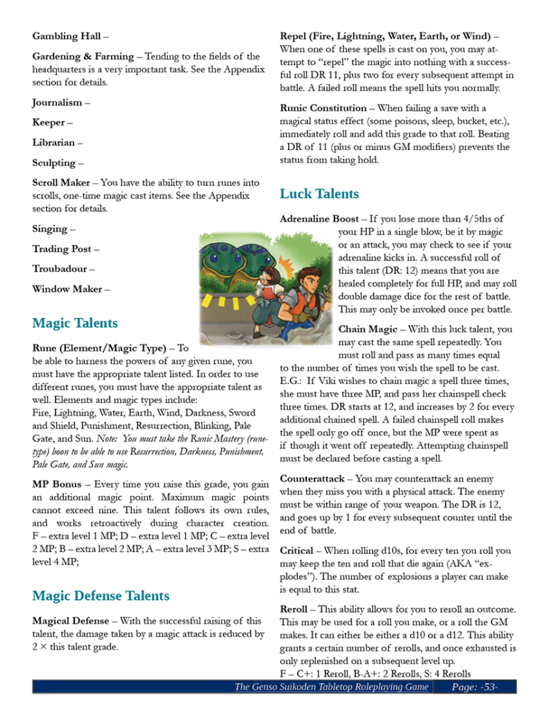 Page from the Suikoden Tabletop RPG: Explaining Stats
