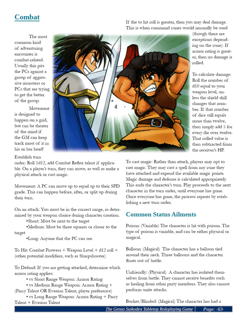 Page from the Suikoden Tabletop RPG: Explaining the rules of combat